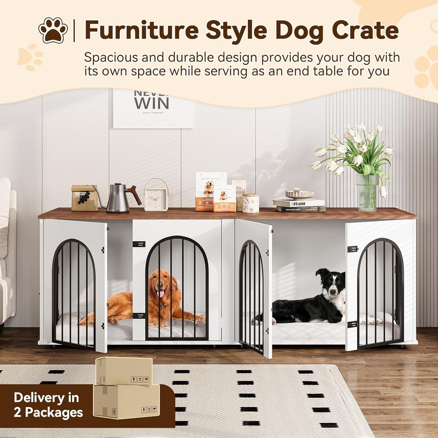 71" Large Dog Crate Furniture for 2 Dogs, Wooden Double Dog Crate with Door, Indoor Dog Kennel TV Stand with Divider and Cushion for Large Medium Dogs, White/Brown
