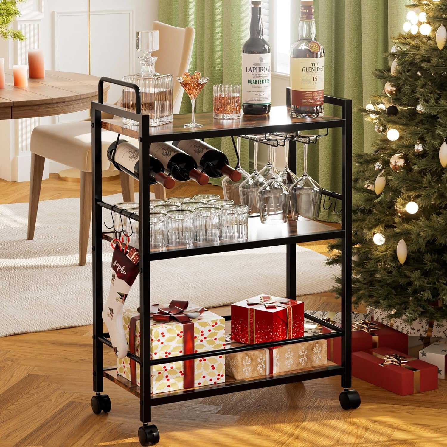 Bar Cart, Serving Cart for Home, Microwave Cart, Drink Cart, Mobile Kitchen Shelf with Wine Rack and Glass Holder, Rolling Beverage Cart for Dining Room(Rustic Brown and Black)