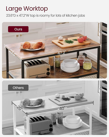 Kitchen Island with 3 Shelves, 47.2 Inches Width Kitchen Shelf with Large Worktop, Stable Steel Structure, Industrial, Easy to Assemble, Rustic Brown and Black UKKI01BX
