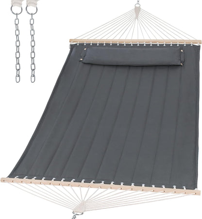 Portable Tree Hammock with Hardwood Spreader Bar, Extra Large Soft Pillow, Heavy Duty 2 Person Hammock for Indoor, Outdoor, Gray