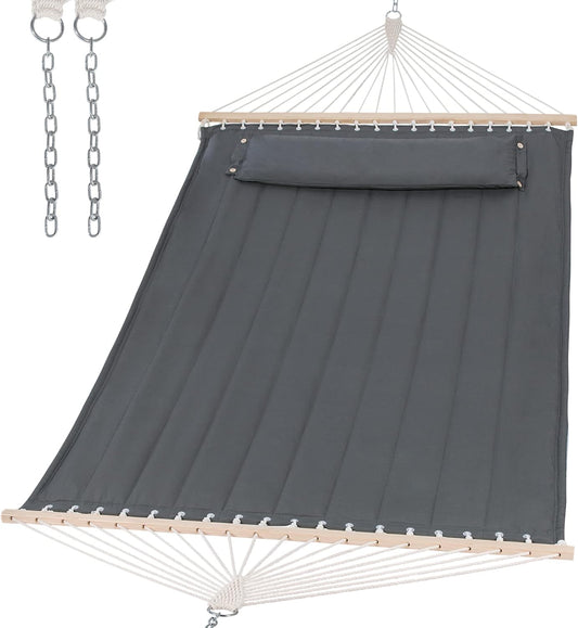 Portable Tree Hammock with Hardwood Spreader Bar, Extra Large Soft Pillow, Heavy Duty 2 Person Hammock for Indoor, Outdoor, Gray