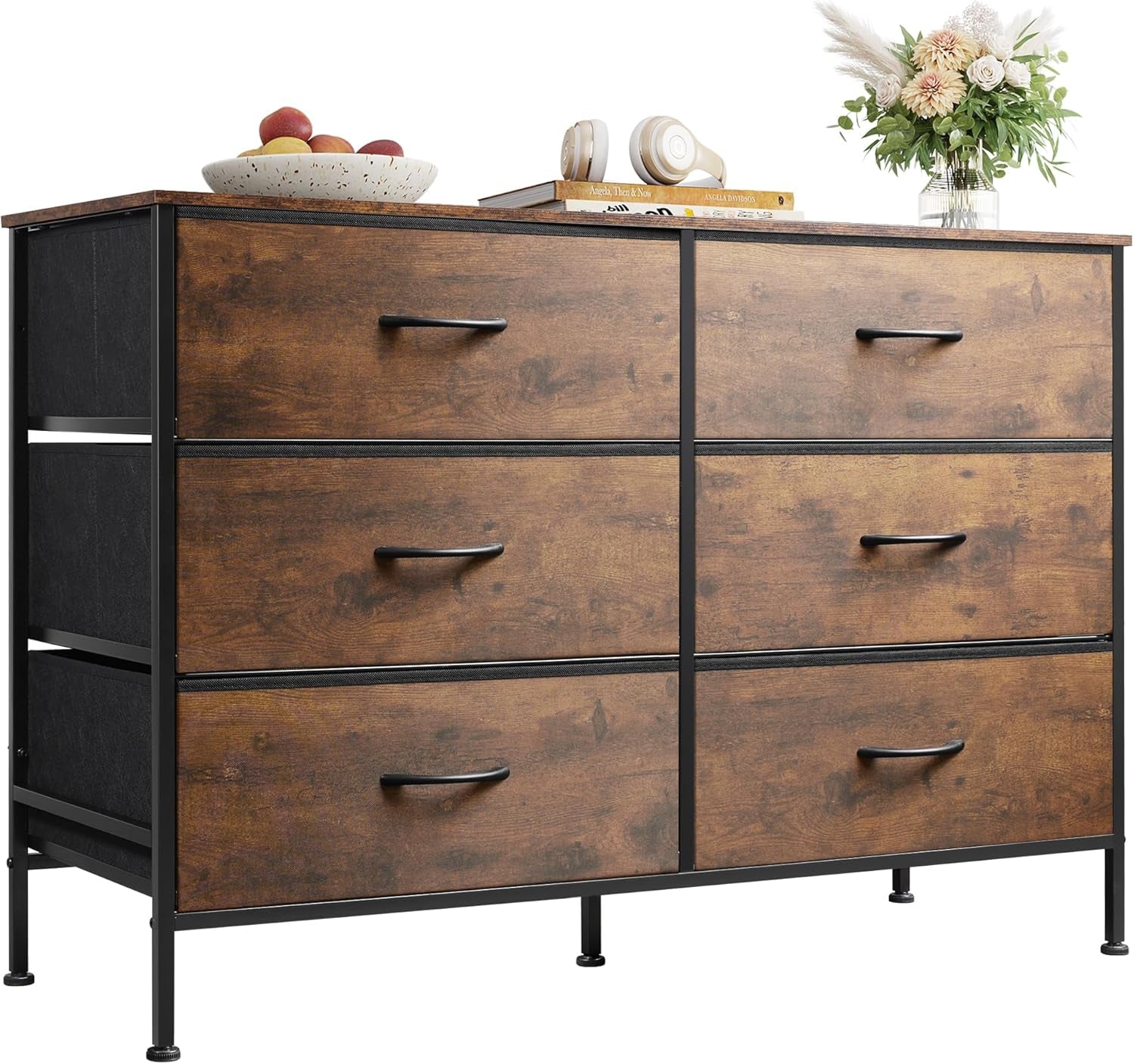 Dresser for Bedroom with 6 Drawers, Wide Fabric Dresser TV Stand for 50 Inches TV, with Metal Frame, Wooden Top, Fabric Storage Dressers for Bedroom, Hallway, Entryway, Rustic Brown