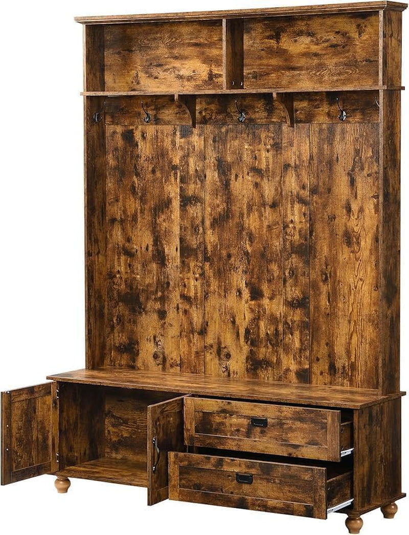 Modern Hall Tree with Storage Bench, Entryway Coat Rack with 5 Hooks & 2 Large Drawers, Rustic Brown Shoe Cabinet for Mudroom, Living Room, Bedroom, Sturdy Wooden Organizer for Jackets, Shoes, Hats