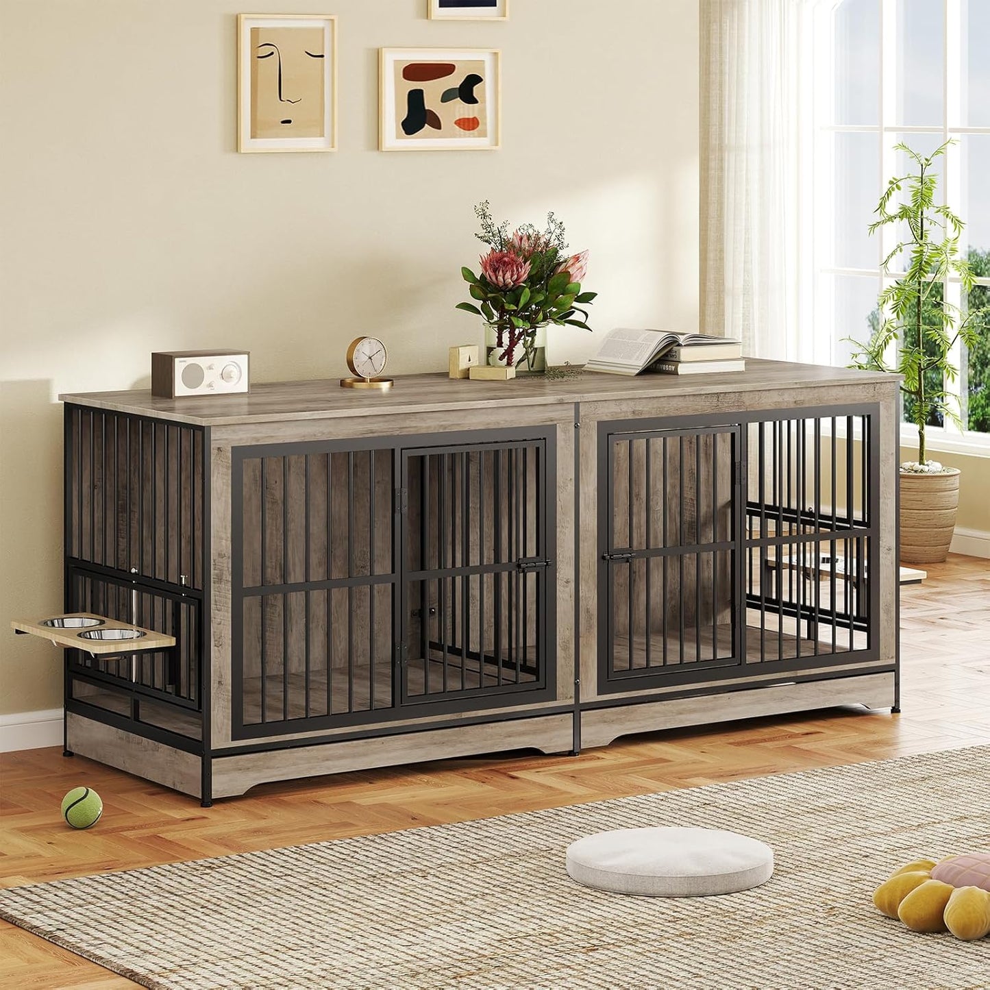 78 Double Dog Crate Furniture for 2 Large Dogs Indoor, Wooden Furniture Dog Crates with Dog Bowl, Dog Kennel Furniture TV Stand Large Breed Grey