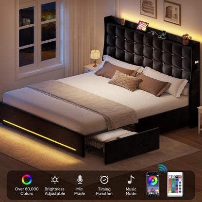 Queen Size Bed Frame with 4 Drawers and RGB LED Lights, Velvet Upholstered Platform Bed with Charging Station and Storage Headboard, No Box Spring Needed, Easy Assembly, Noise-Free, Black