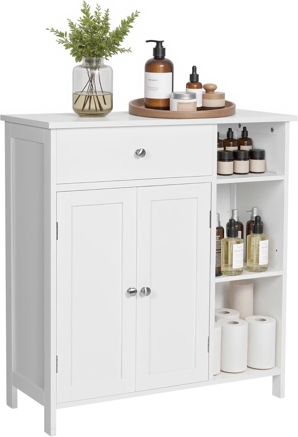 Bathroom Floor Cabinet, Freestanding Storage Cabinet with Drawer, 3 Open Compartments, Adjustable Shelves, 11.8 X 29.5 X 31.5 Inches, White UBBC142W01
