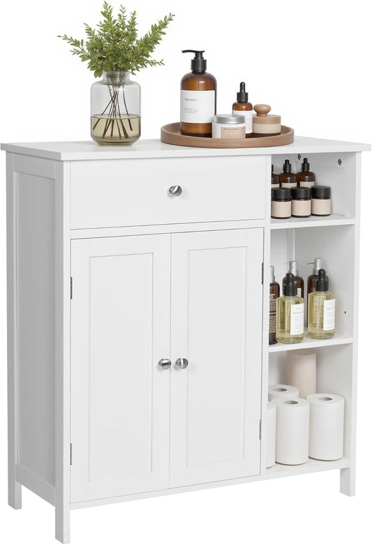 Bathroom Floor Cabinet, Freestanding Storage Cabinet with Drawer, 3 Open Compartments, Adjustable Shelves, 11.8 X 29.5 X 31.5 Inches, White UBBC142W01
