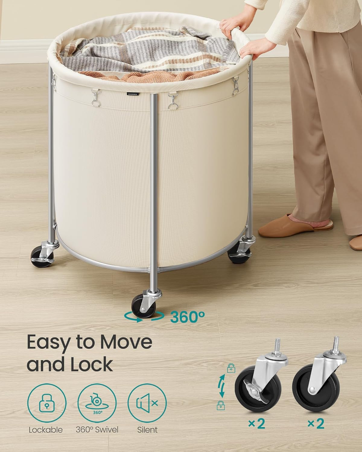 63.5-Gallon (240 L) Laundry Basket with Wheels, Rolling round Heavy-Duty Laundry Hamper Cart with Steel Frame and Removable Bag, 2 Locking Wheels, Cream White and Metallic Silver URLS012W01
