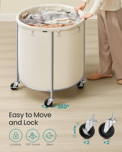 63.5-Gallon (240 L) Laundry Basket with Wheels, Rolling round Heavy-Duty Laundry Hamper Cart with Steel Frame and Removable Bag, 2 Locking Wheels, Cream White and Metallic Silver URLS012W01