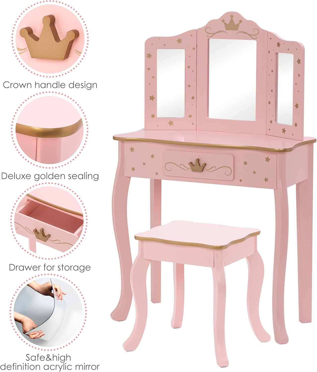 Pretend Play Kids Vanity Set with Mirror and Stool, Kids Make up Vanity Desk with Mirrror for Little Girls, Children Makeup Dressing Table with Drawer, Pink