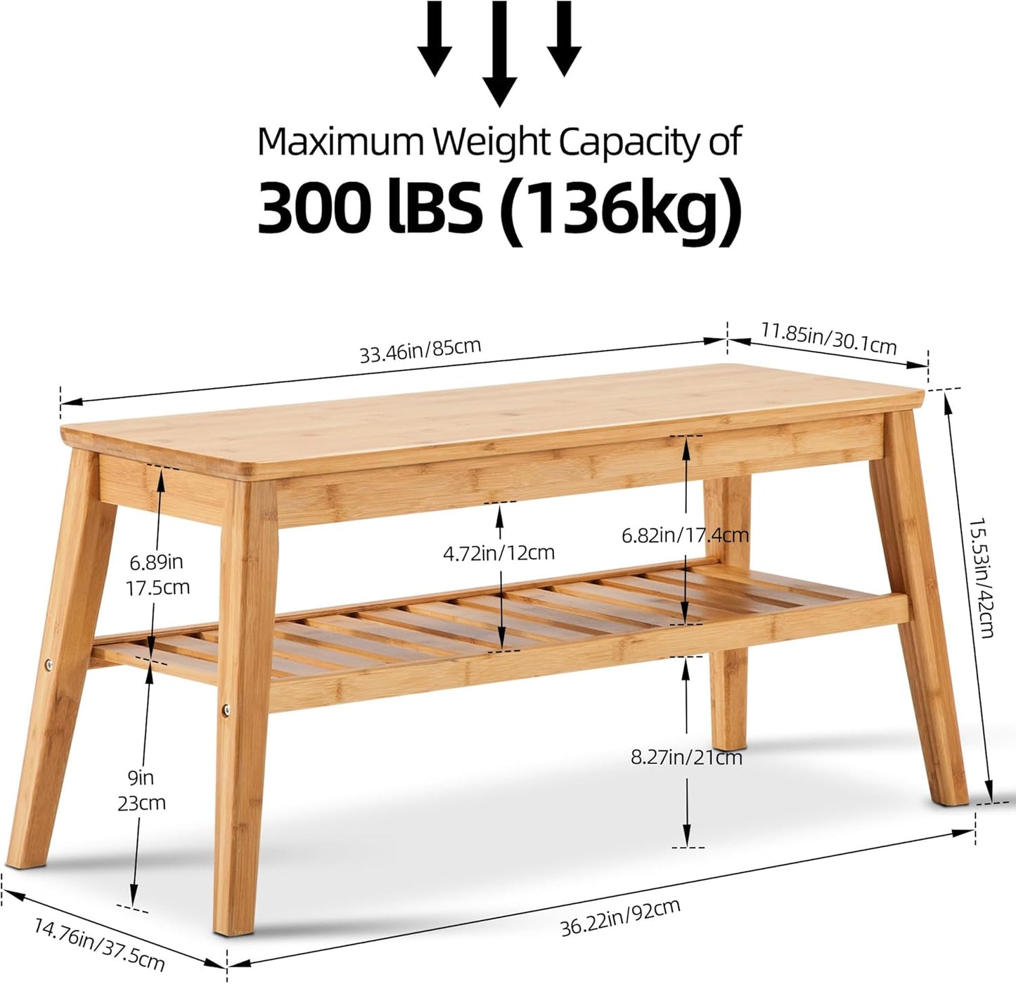 Bamboo Dining Bench, 33.46" Indoor Storage Bench, Small Wood Benches for Entryway, Living Room, Bedroom, Hallway, Outdoor Wooden Bench, Holds up to 300Lbs