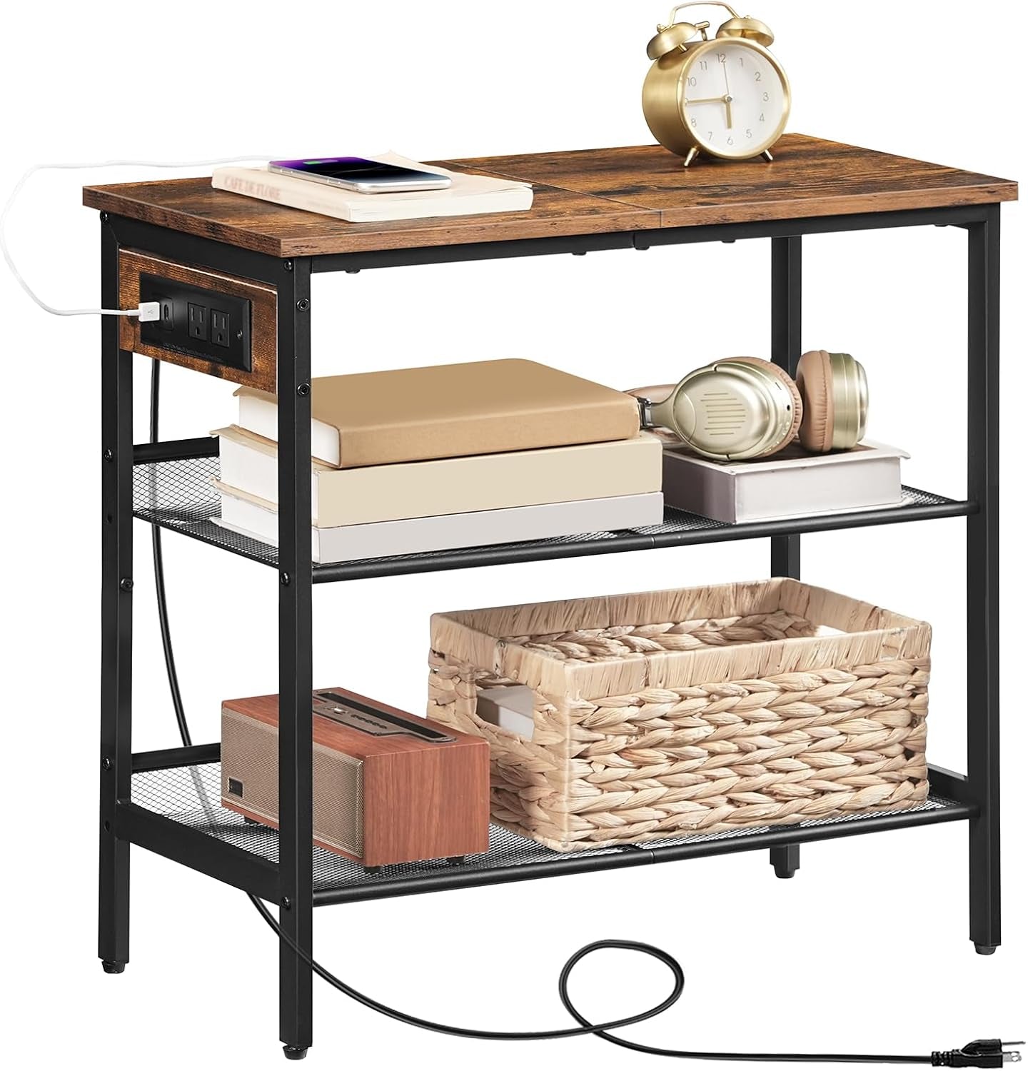 End Table, 3-Tier Narrow Side Table with Charging Station, Nightstand with 2 Flat or Slant Adjustable Shelves for Small Spaces, Living Room, Bedroom, Rustic Brown and Black BF23UBZ01G1