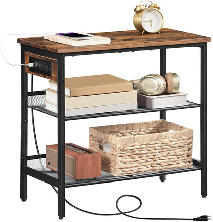 End Table, 3-Tier Narrow Side Table with Charging Station, Nightstand with 2 Flat or Slant Adjustable Shelves for Small Spaces, Living Room, Bedroom, Rustic Brown and Black BF23UBZ01G1