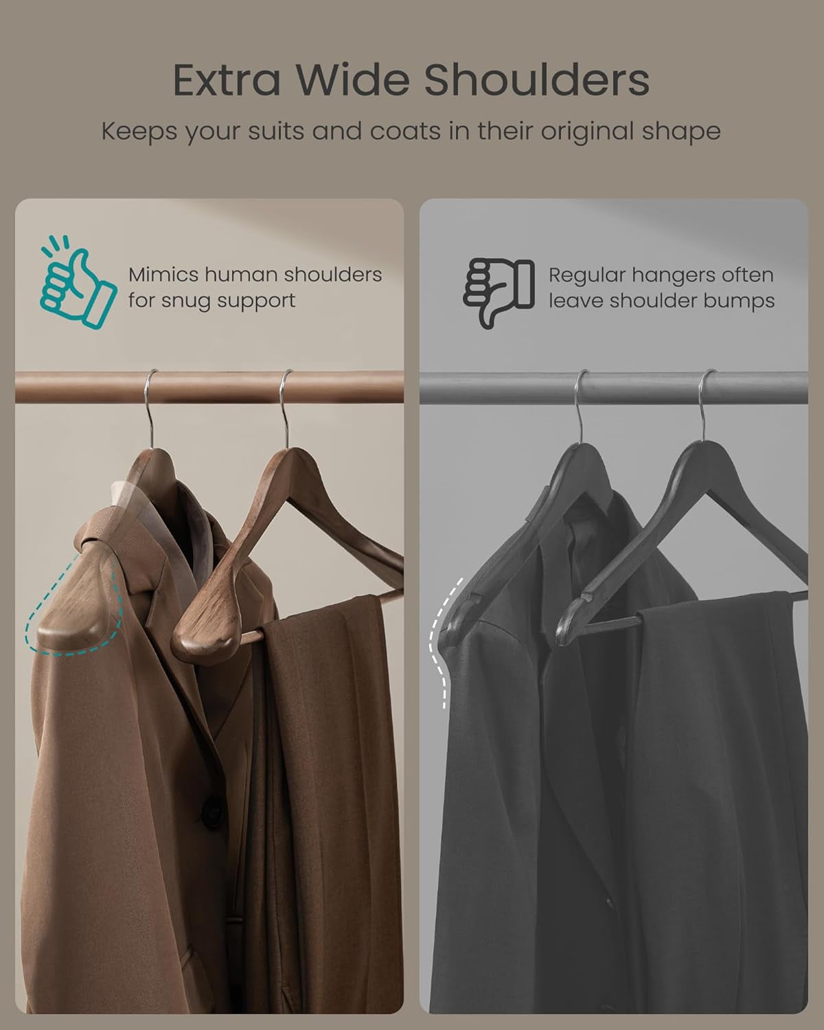 Extra Wide Wooden Suit Hangers, Set of 10 Clothes Hangers, Swivel Hooks, Non-Slip Bars, for Outfits, Suits, Coats, Shirts, Dresses, Walnut Color UCRW050KZ01
