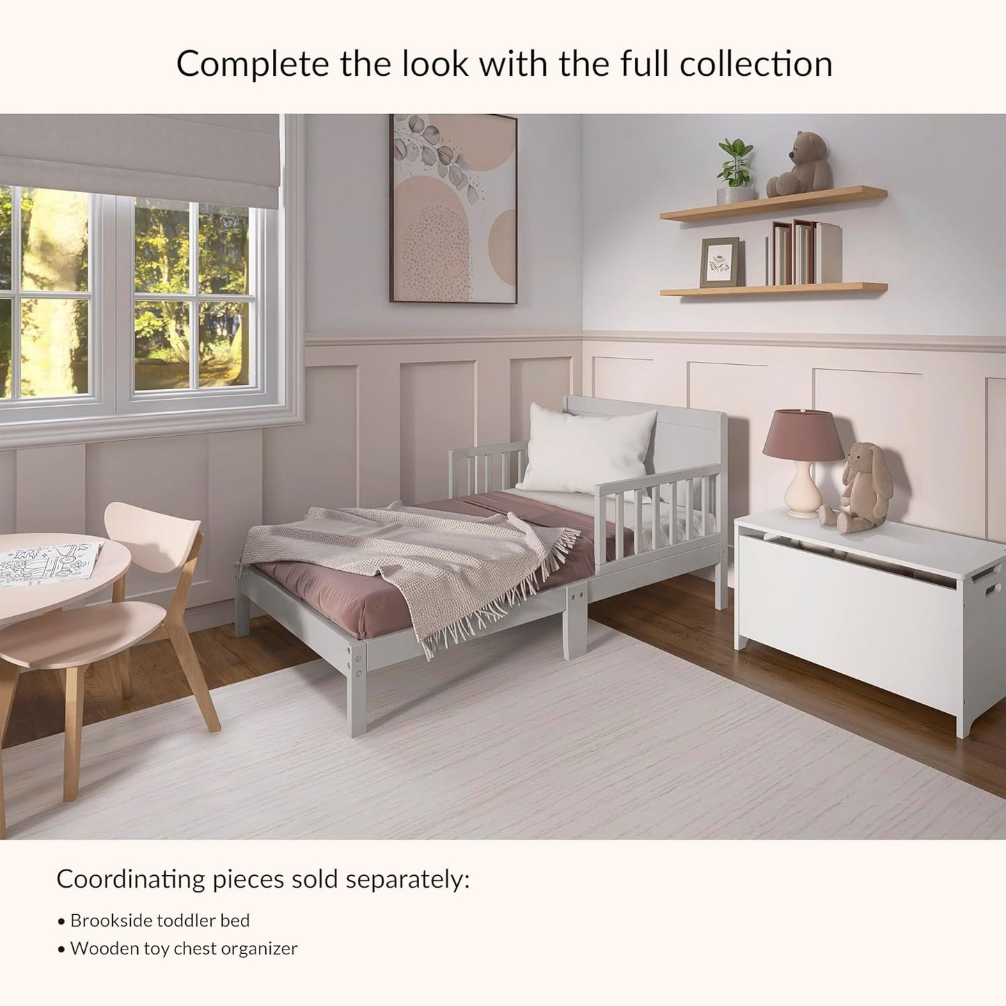 Brookside Wooden Toddler Bed in Pebble Grey, Greenguard Gold & JPMA Certified, Kids Bed with Safety Rails, Low-To-Floor Design, Non-Toxic Pinewood Finish