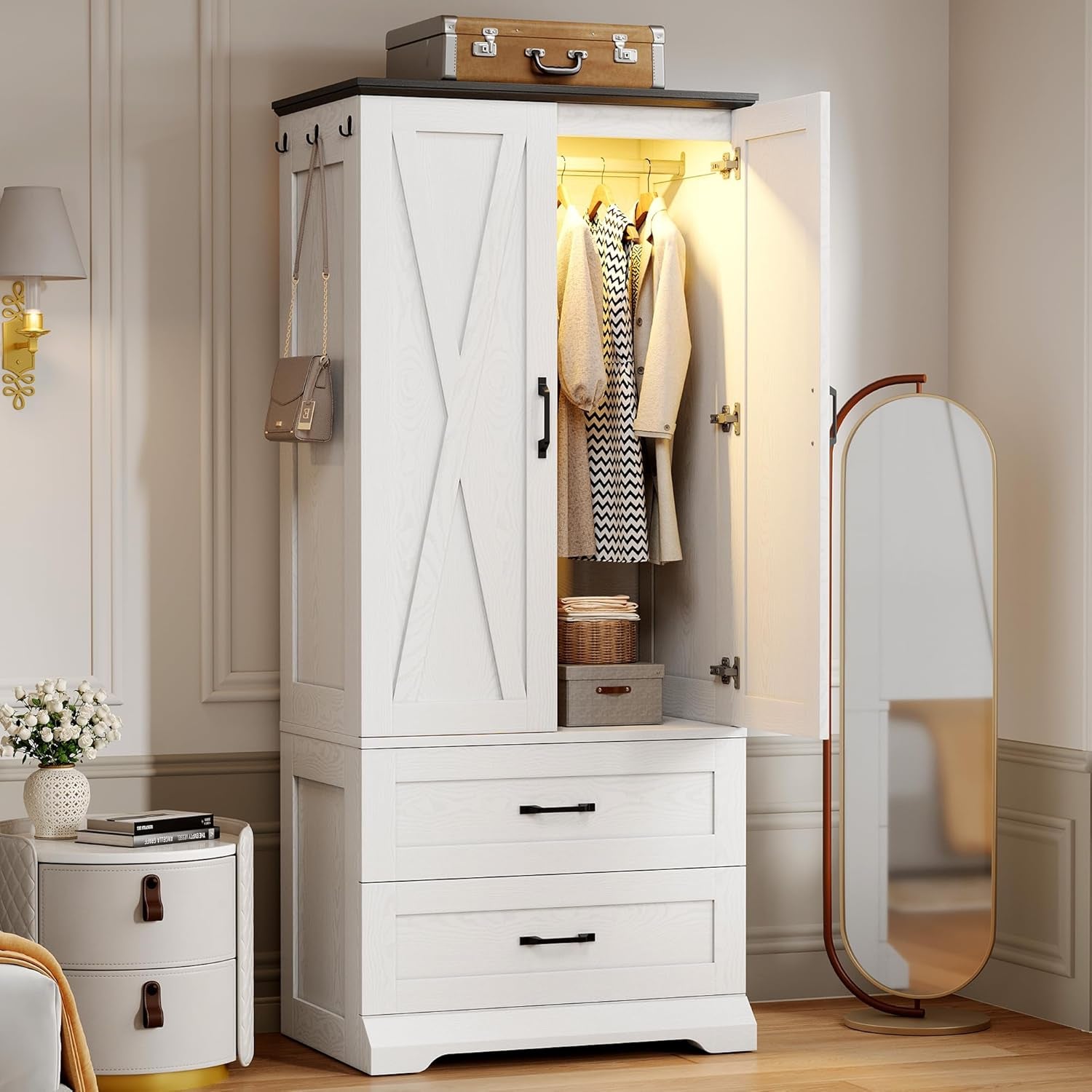 Armoire Wardrobe Closet 70.9" H, Bedroom Wooden Wardrobe with 2 Doors, 2 Drawers and Sensor Light, Clothing Storage Cabinet Organizer Combination with Hanging Rod, Hooks, White
