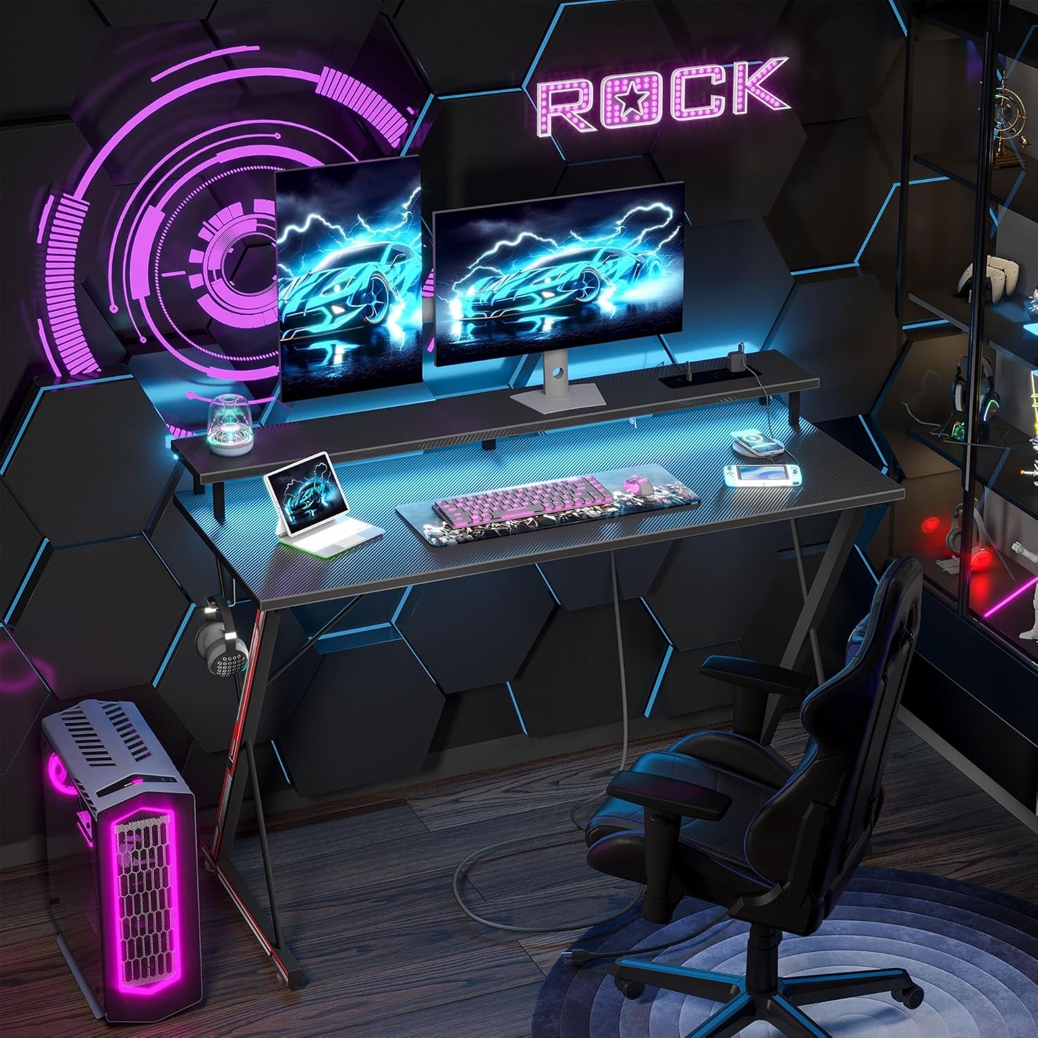 Gaming Desk with Power Outlets & LED 40 Inch Ergonomic Computer Carbon Fiber Surface Gamer Desk, Large Monitor Stand, Headphone Hook, PC Workstation for Bedroom, Black