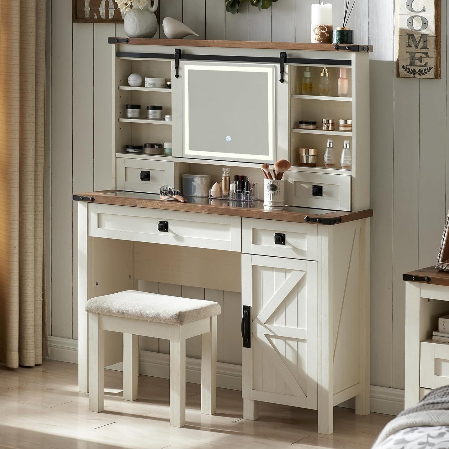 Farmhouse Makeup Vanity Desk with Sliding Mirror and Lights, 42'' Glass Tabletop Vanity Table with 2 Drawers & Shelves, Rustic Big Vanity Set for Bedroom, Antique White