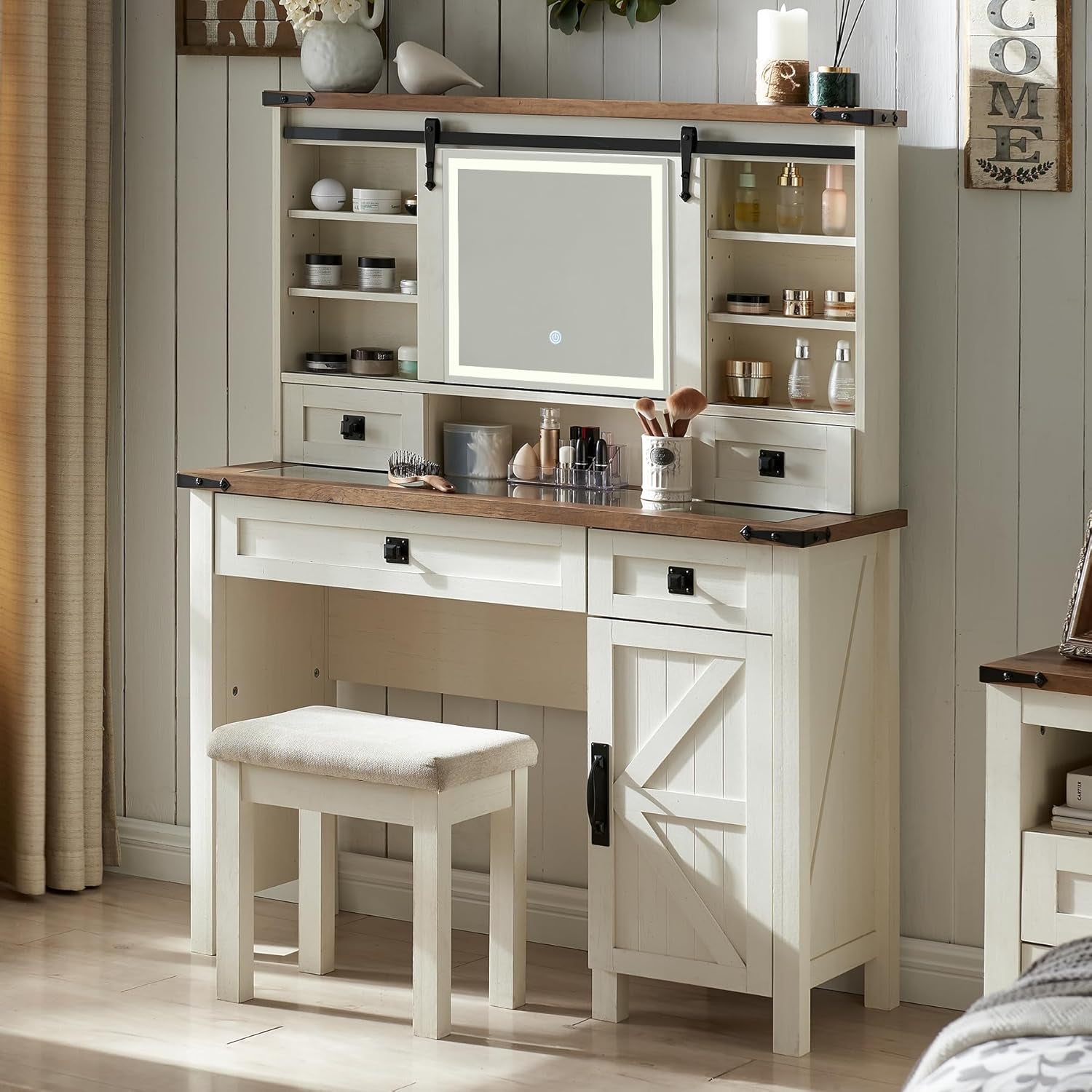 Farmhouse Makeup Vanity Desk with Sliding Mirror and Lights, 42'' Glass Tabletop Vanity Table with 2 Drawers & Shelves, Rustic Big Vanity Set for Bedroom, Antique White