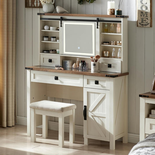 Farmhouse Makeup Vanity Desk with Sliding Mirror and Lights, 42'' Glass Tabletop Vanity Table with 2 Drawers & Shelves, Rustic Big Vanity Set for Bedroom, Antique White