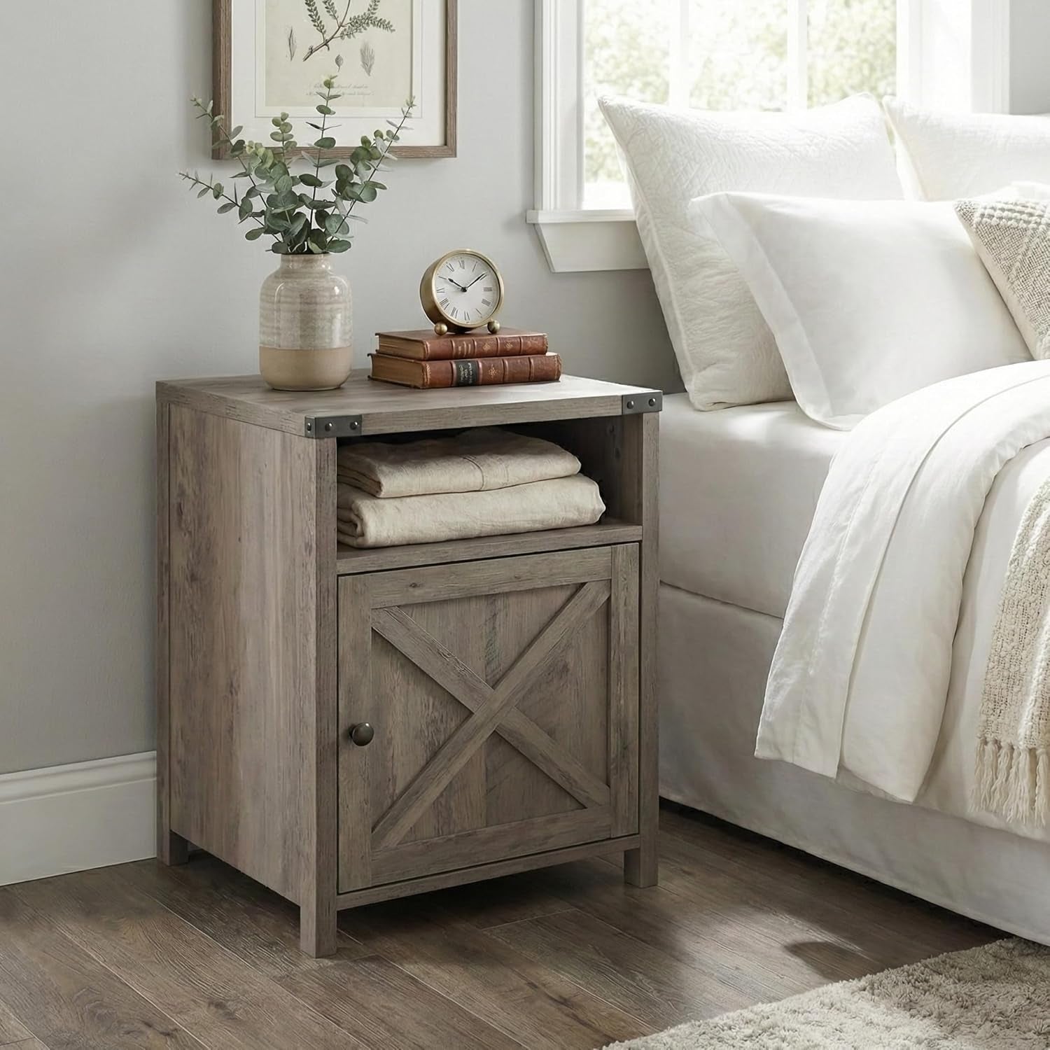 Nightstand, Farmhouse Bedside Table with Cabinet and Shelves, 18 X 18 X 24 Inches, Washed Oak