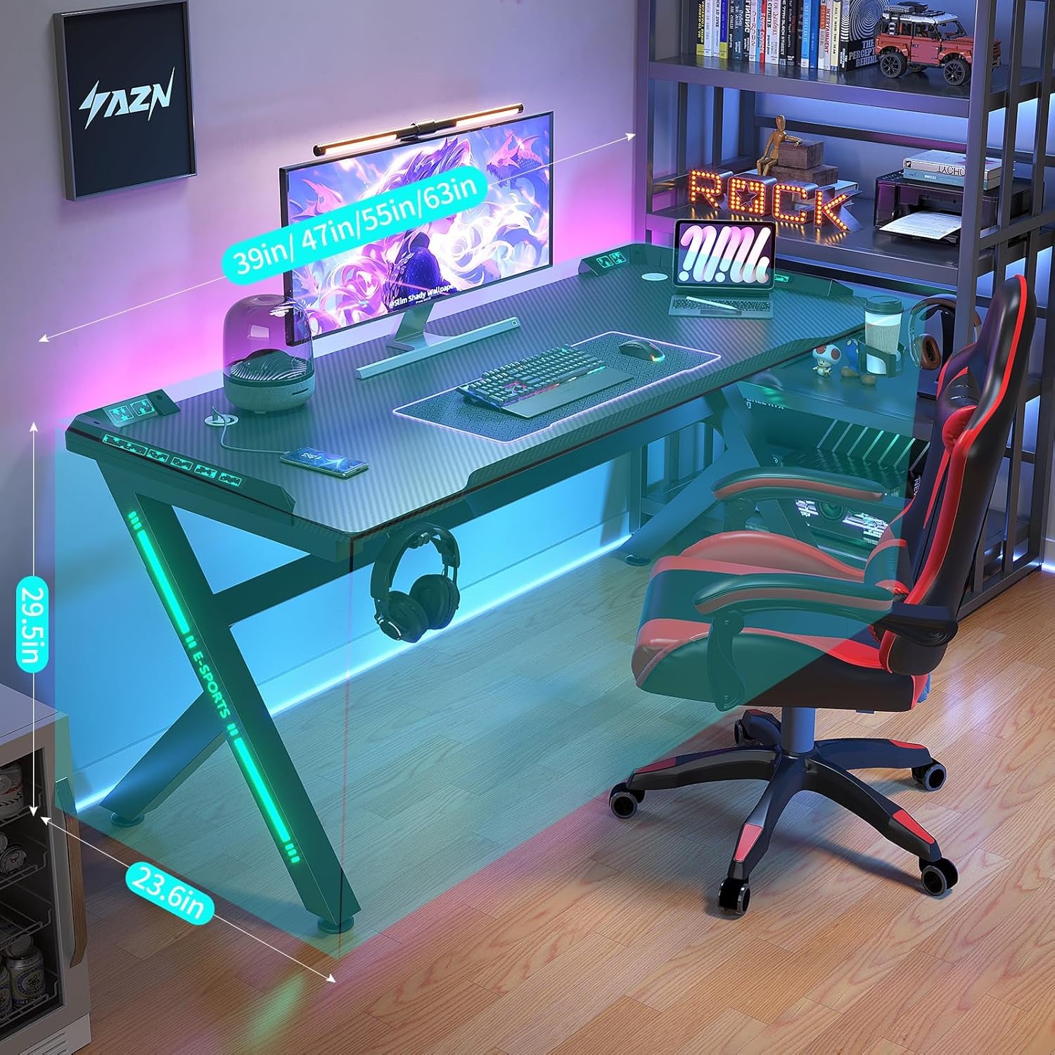 Gaming Desk, 47'' Computer Desk, Gaming Desk W/Carbon Fiber Desktop & 3D-Printed Relief Patterns, Home Office Desks W/Ergonomic Design, Computer Desks W/Cup & Headphone Holder, Cable Organizer