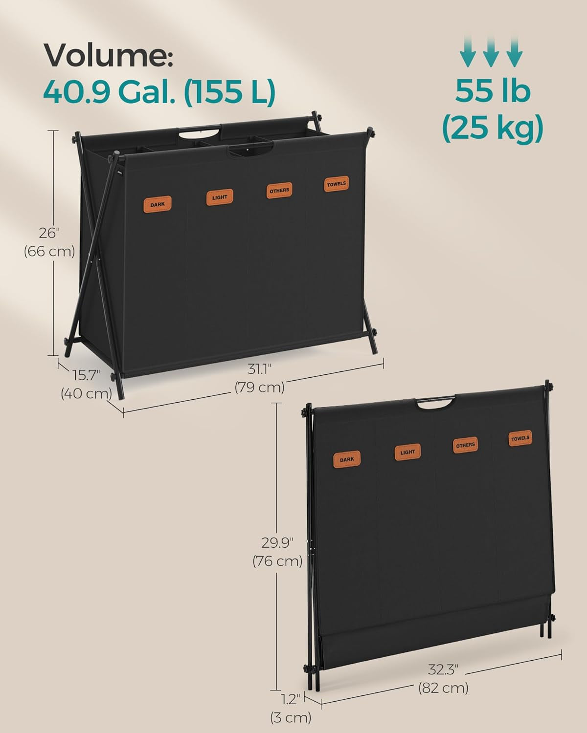 Laundry Hamper, Laundry Basket, 40.9 Gal. Laundry Sorter 4 Sections, Collapsible X-Frame, Clothes Organizer with Customizable Labels, Laundry Room, Bedroom, Bathroom, Ink Black ULCB140B01