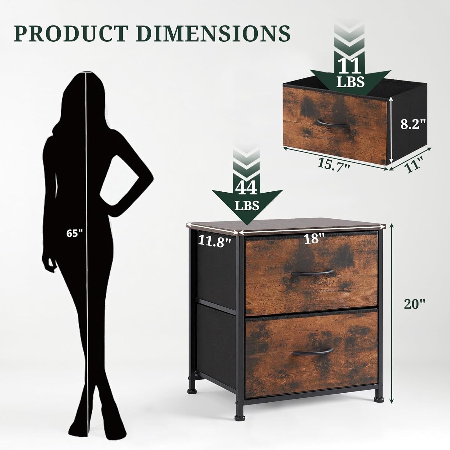 Nightstand, Small 2 Drawer Dresser End Table Bedside Furniture, Wooden Top Fabric Bins for Bedroom, Closet, Entryway, Dorm, 11.8" D X 18" W X 20", Black