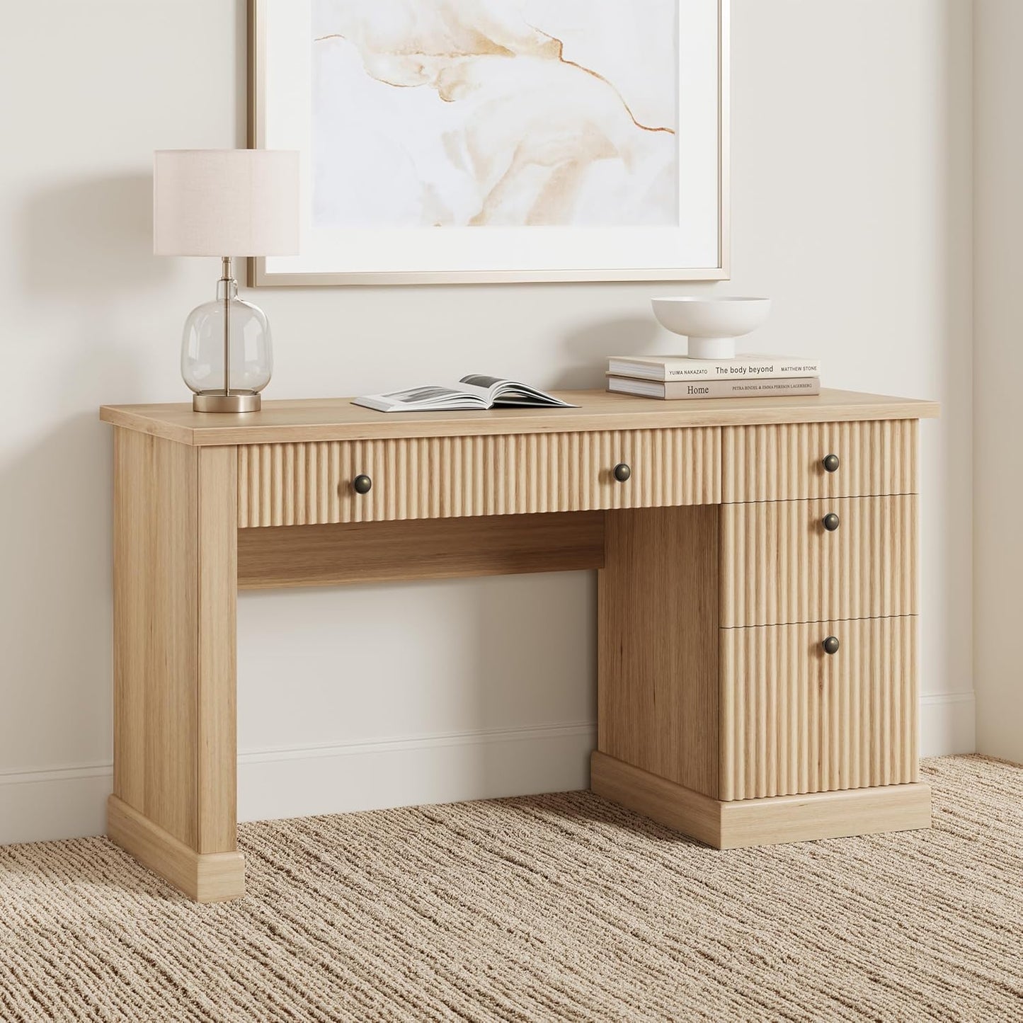 Fluted Home Office Desk Storage, 54 in Modern Executive Desk with Charging Station, Wooden Computer Writing Desk with File Cabinet & Drawers for Study, Living Room, Bedroom-Burlywood