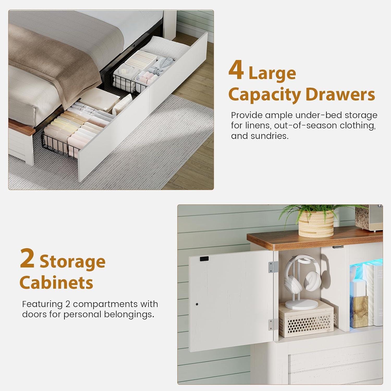 Farmhouse Bed Frame Full Size with Bookcase and Storage Cabinets Headboard, Wood Platform Bed with LED Lights, Charging Station, 4 Drawers, Decoration Footboard, No Box Spring Needed, White