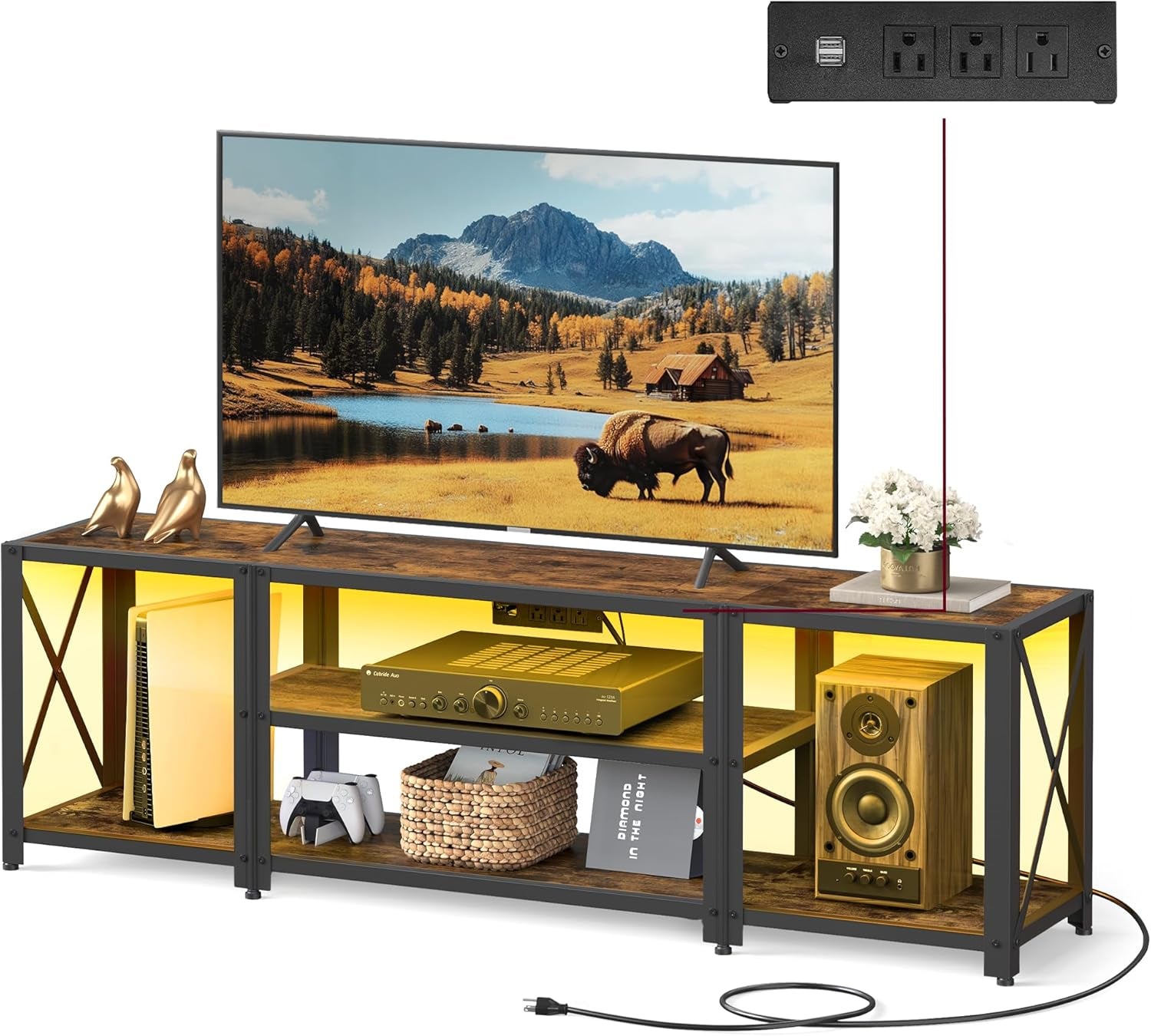 TV Stand with Power Outlets and LED Lights, for Tvs up to 60 Inches, Entertainment Center with Open Storage Shelves, TV Console Table for Living Room, Rustic Brown and Ink Black ULTV121K01
