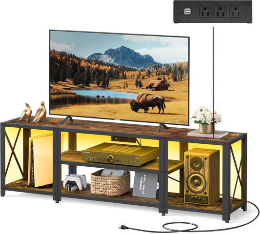TV Stand with Power Outlets and LED Lights, for Tvs up to 60 Inches, Entertainment Center with Open Storage Shelves, TV Console Table for Living Room, Rustic Brown and Ink Black ULTV121K01