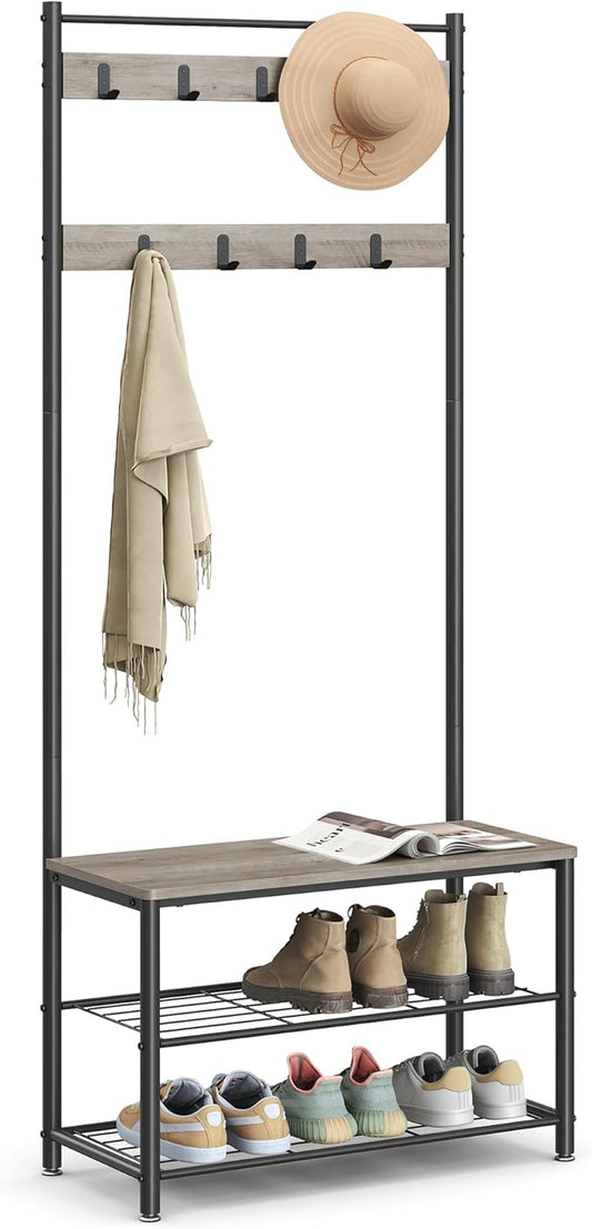 Coat Rack, Hall Tree with Shoe Storage Bench, Entryway Bench with Shoe Storage, 3-In-1, Steel Frame, for Entryway, 12.6 X 27.6 X 68.9 Inches, Industrial, Greige and Black UHSR41MB