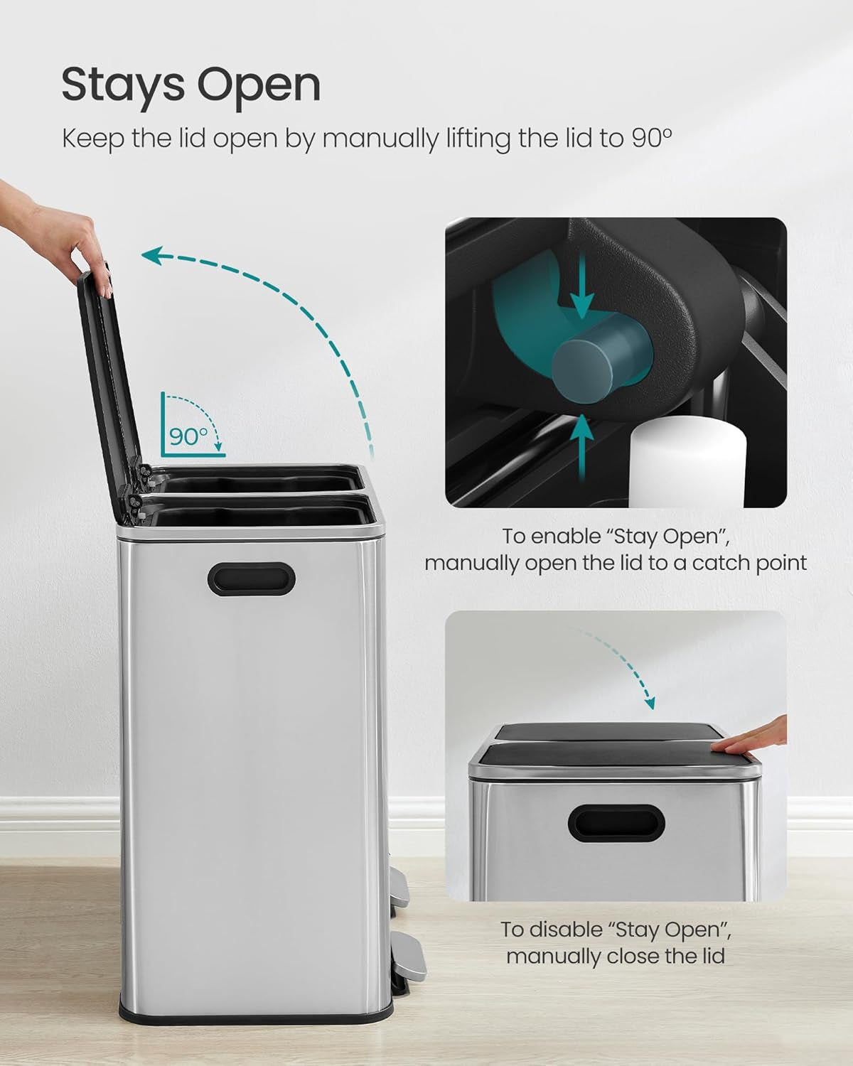 Trash Can, 2 X 10.6 Gallon (2 X 40 L) Garbage Can for Kitchen, with 15 Trash Bags, 2 Compartments, Plastic Inner Buckets and Hinged Lids, Airtight, Silver and Black ULTB730E80