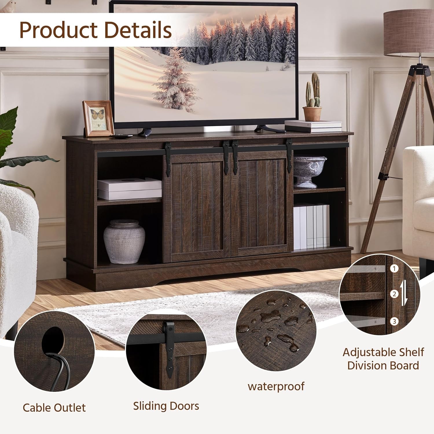 TV Stand for Tvs up to 65 Inch, Farmhouse Media Entertainment Center, 58'' TV Console Table with Adjustable Shelves & Sliding Barn Doors for Living Room, Dark Walnut