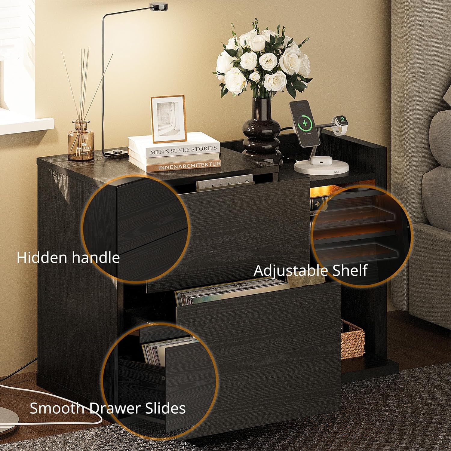 Black Night Stand with Shelves, Charging Station & LED, 2 Drawer Wooden Bedside Table Record Player Stand for Bedroom, Entryway, Large