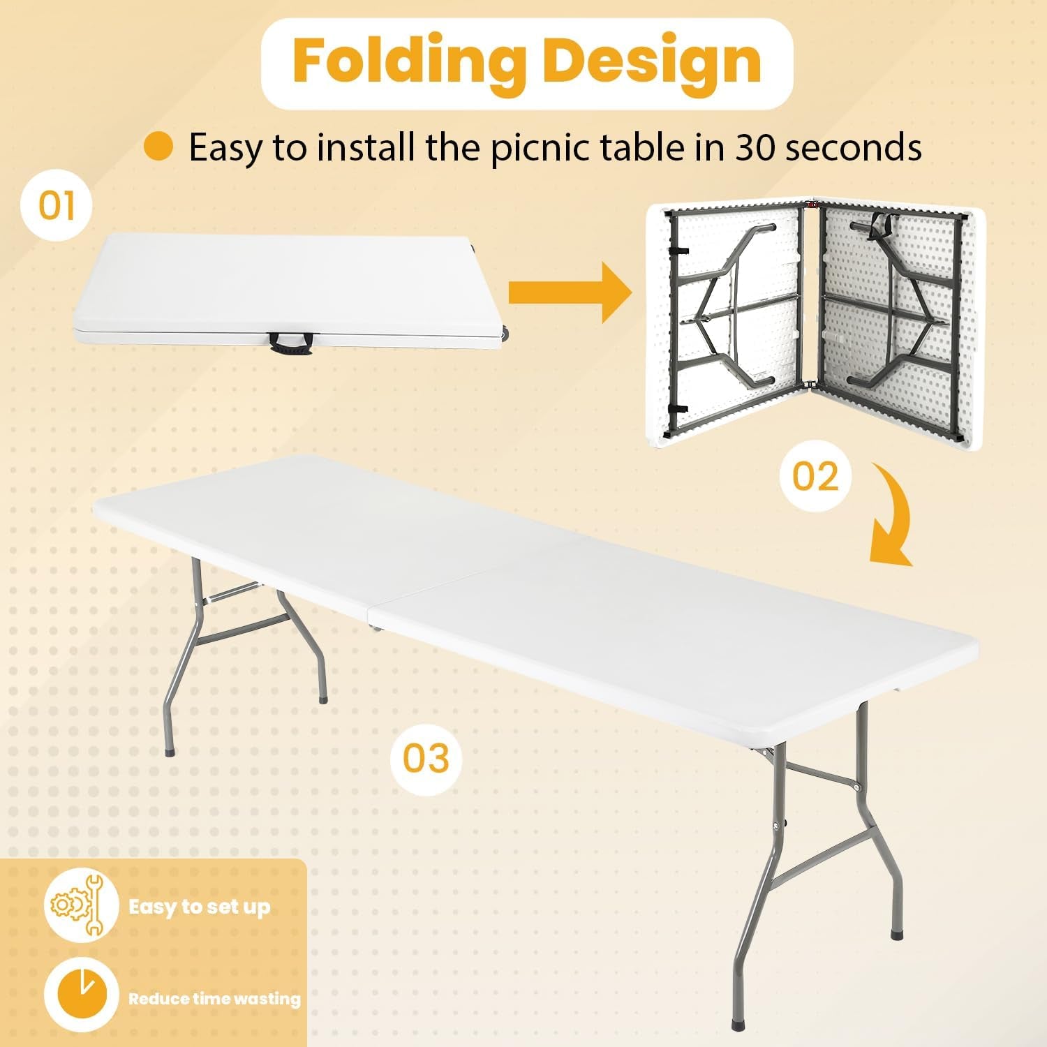 6FT Folding Picnic Table for Outdoor, Portable Fold-In-Half Plastic Dining Picnic Party Table with Carrying Handle