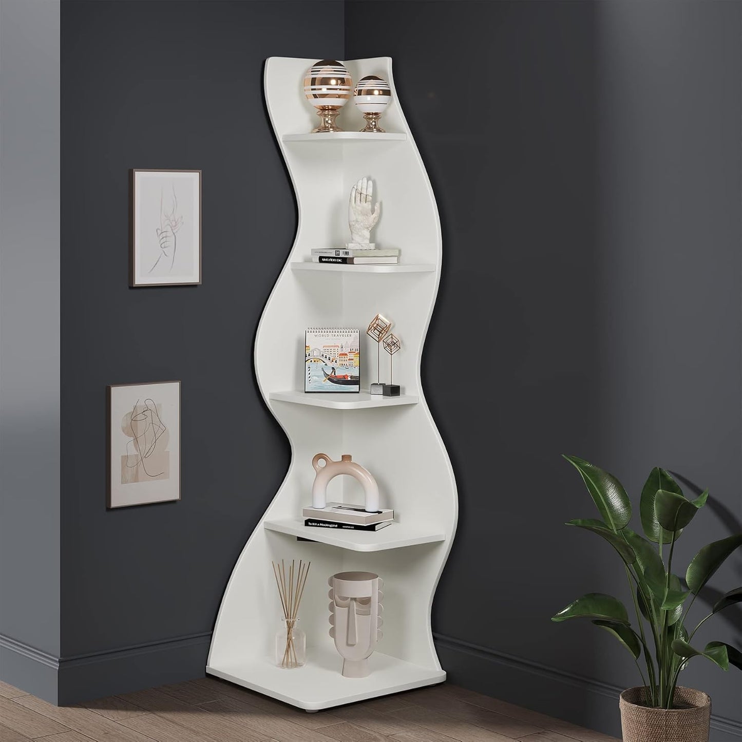 Corner Shelf, Modern 5-Tier Wall Corner Bookshelf, Stylish Corner Small Bookcase Storage Rack Plant Stand with Unique Shape for Living Room, Home Office (White, 1PC)