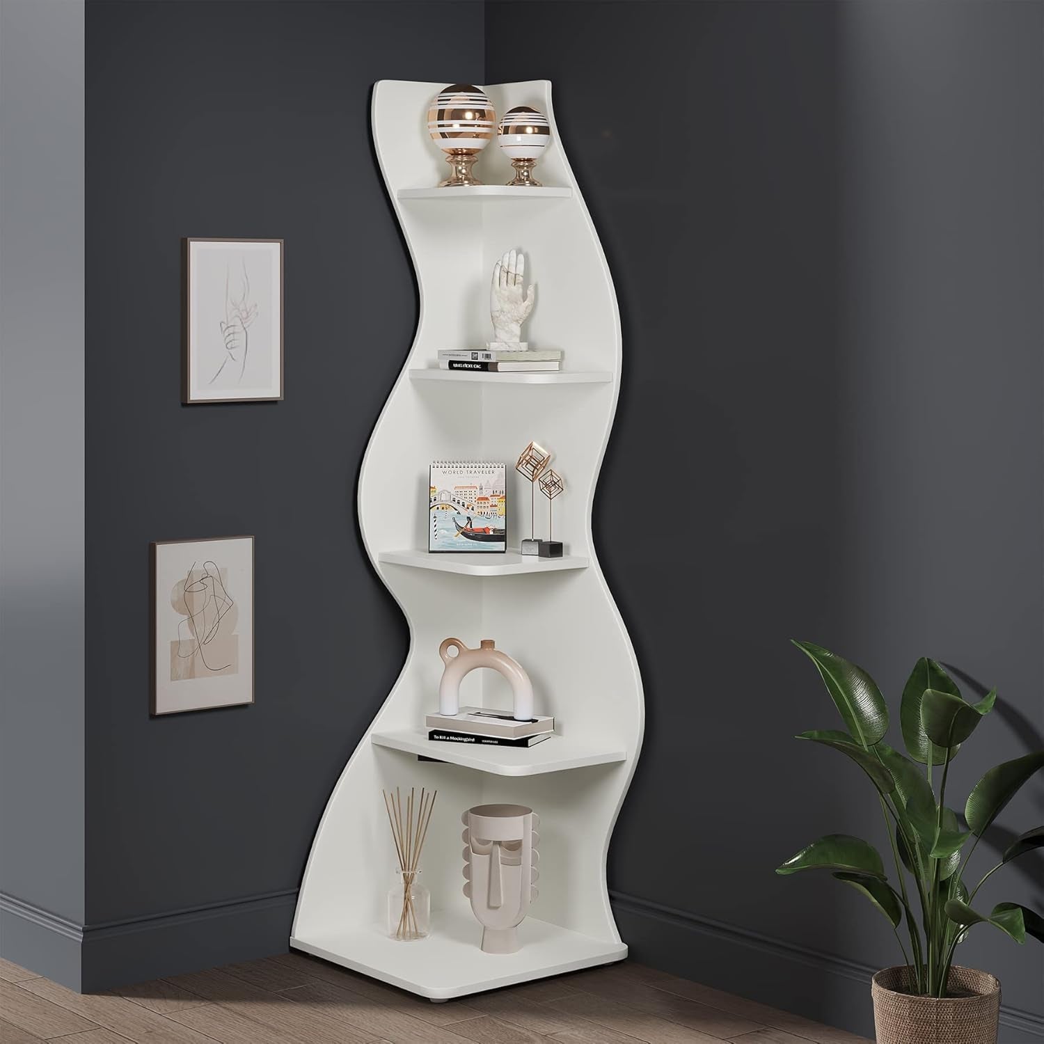Corner Shelf, Modern 5-Tier Wall Corner Bookshelf, Stylish Corner Small Bookcase Storage Rack Plant Stand with Unique Shape for Living Room, Home Office (White, 1PC)