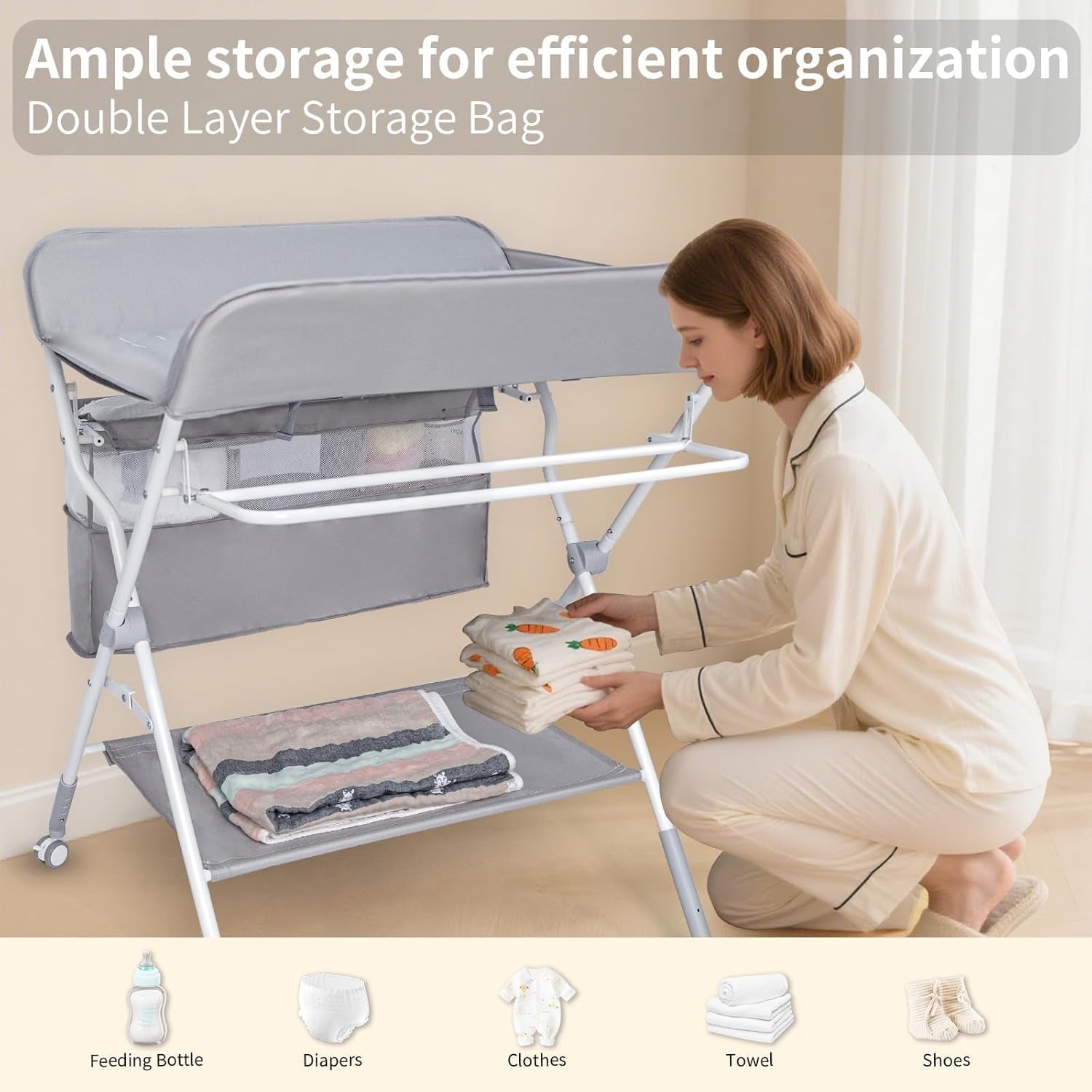Baby Folding Portable Changing Table, 4-Level Adjustable Height Diaper Changing Station Table for Nursery with Safety Belt, Double Storage Bag, Headrests & Diaper Pad