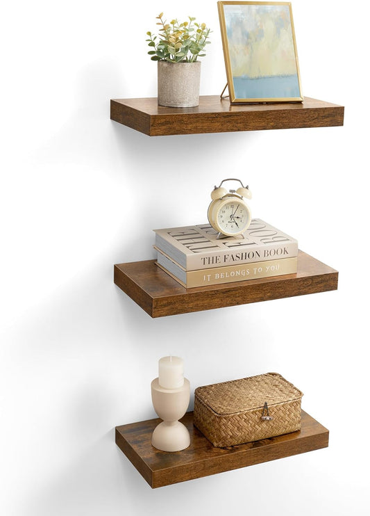 Wall Shelves Set of 3, Floating Shelves, Wall Mounted, 8 X 15.7 X 1.5 Inches, Display Shelves for Picture Frames, Wall Decor, Hanging Shelf for Living Room, Kitchen, Rustic Brown ULWS055B01