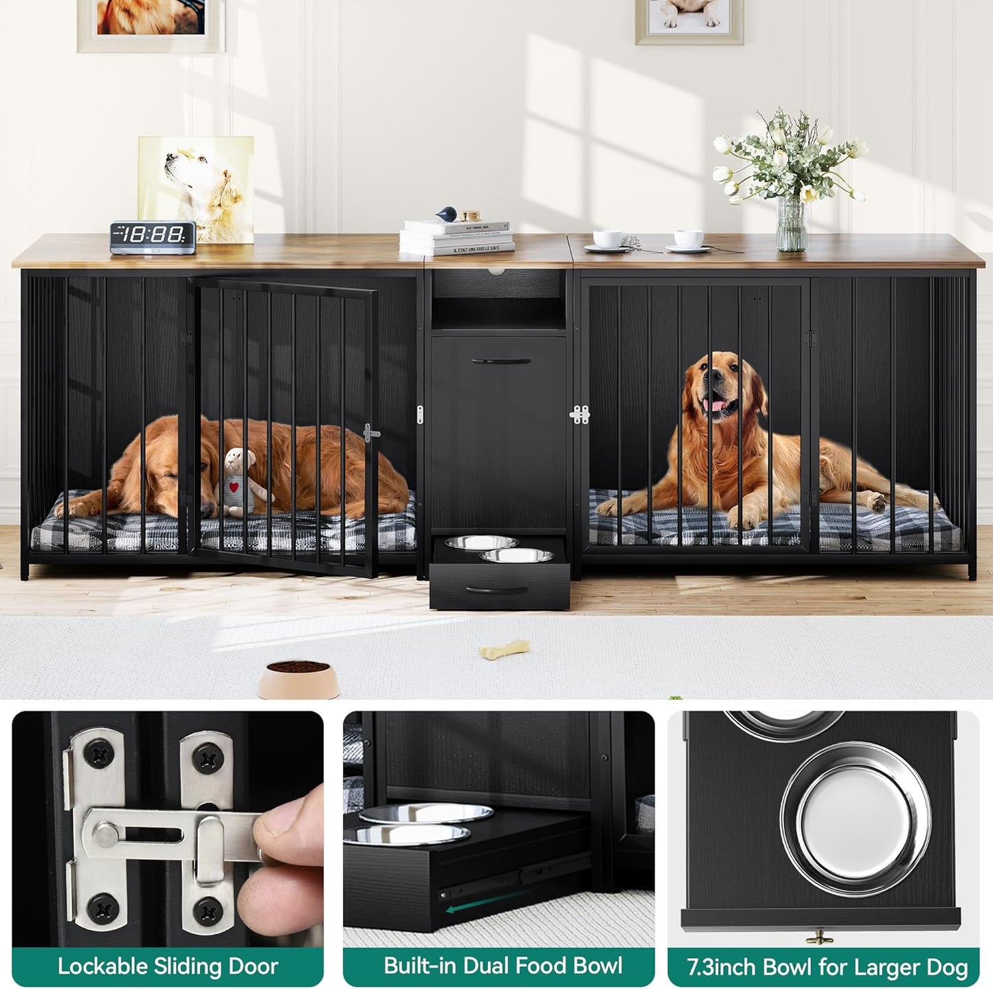 Double Dog Crate Furniture 94.5 Inch with Feeder Bowls, Large Breed Dog Kennel with Divider and Storage Drawer, Heavy Duty Dog House TV Stand Indoor for 2 Large/Medium Dogs, Black