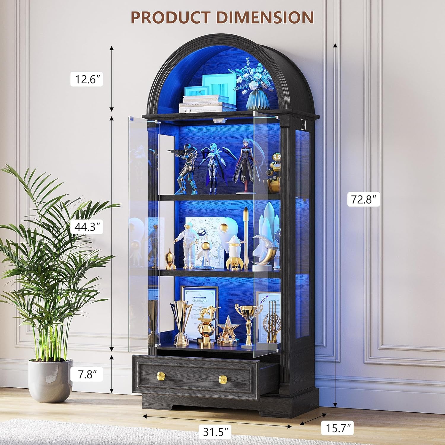 Black Curio Cabinet with Glass Doors, 72" Tall Arched Display Cabinet with Human Sensor Lights, 4-Tier Display Case for Collectibles Bookcase Living Room