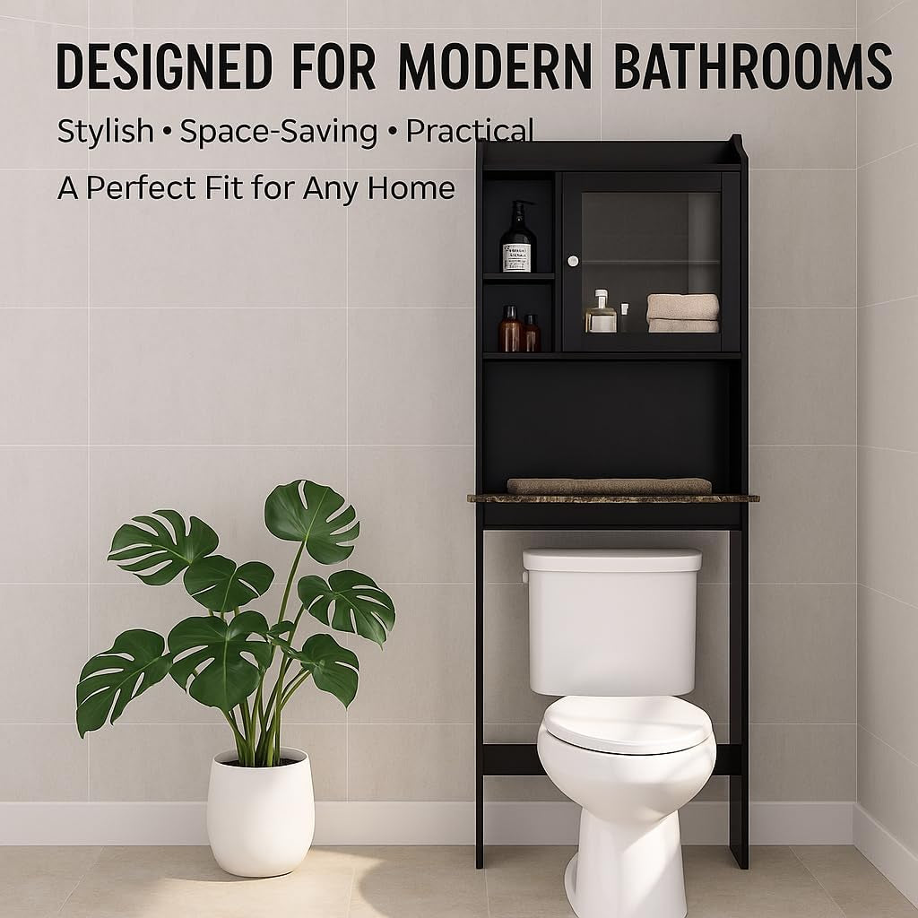 Over Toilet Space Saver Cabinet – Bathroom Organizer with Enclosed Door, Open Storage & Marble-Look Shelf (Espresso)