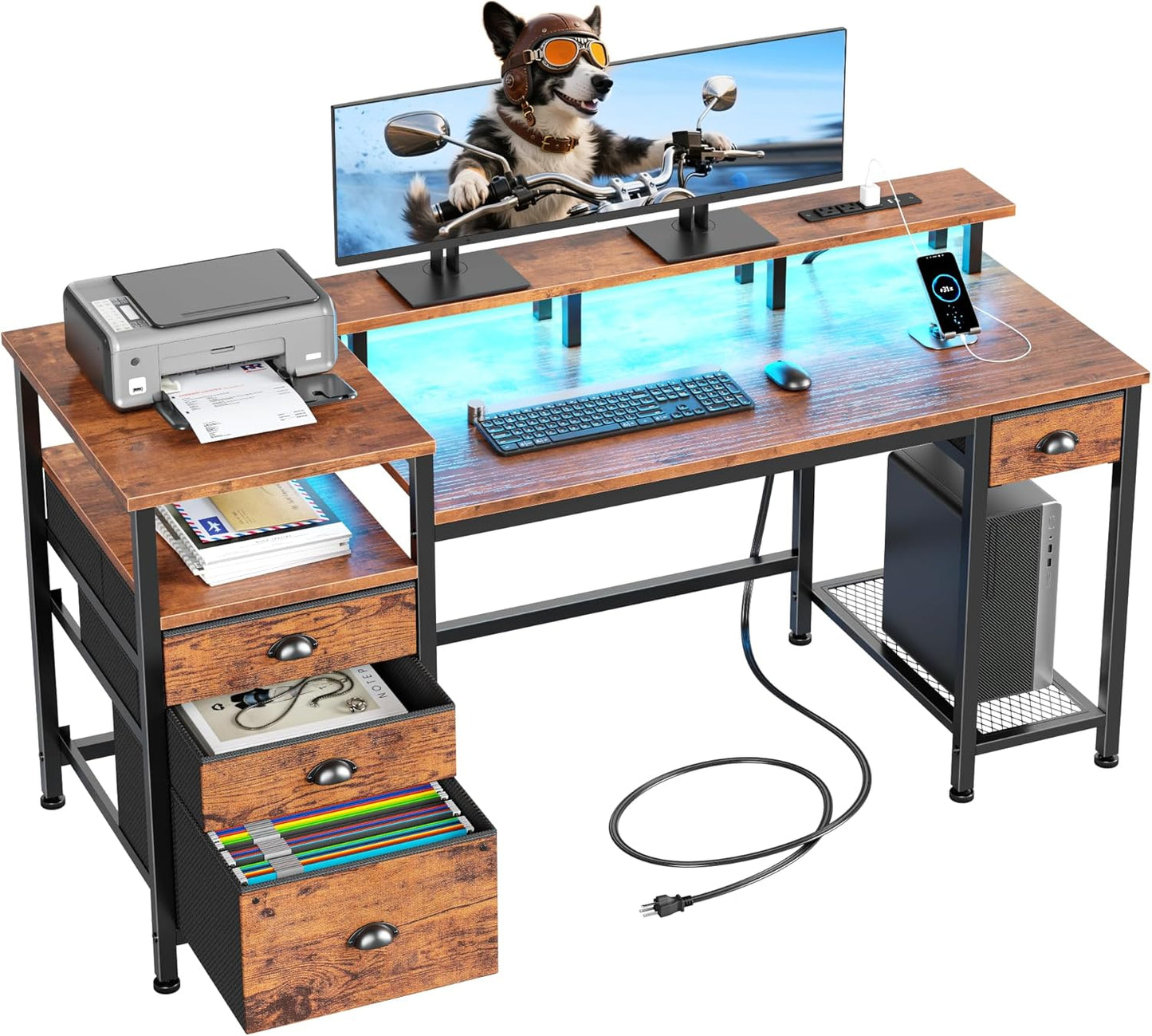 60" Computer Desk with File Cabinet and Storage Shelves, Reversible Home Office Desk with LED Lights, Full Monitor Stand, Power Outlets, Study Gaming Table with 4 Drawers, Rustic Brown