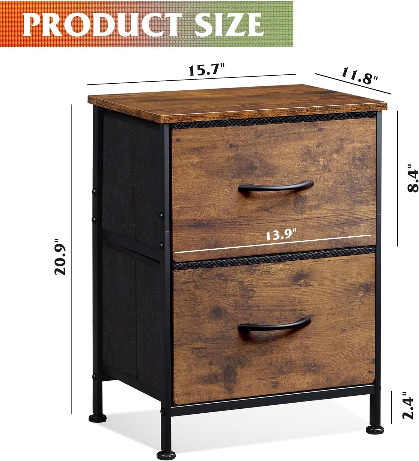 Night Stand, Small 2 Drawer Dresser, Nightstand with Fabric Bins for Bedroom, Closet, Dorm, Rustic Brown Wood Grain Print, 11.8" D X 15.7" W X 20.9" H