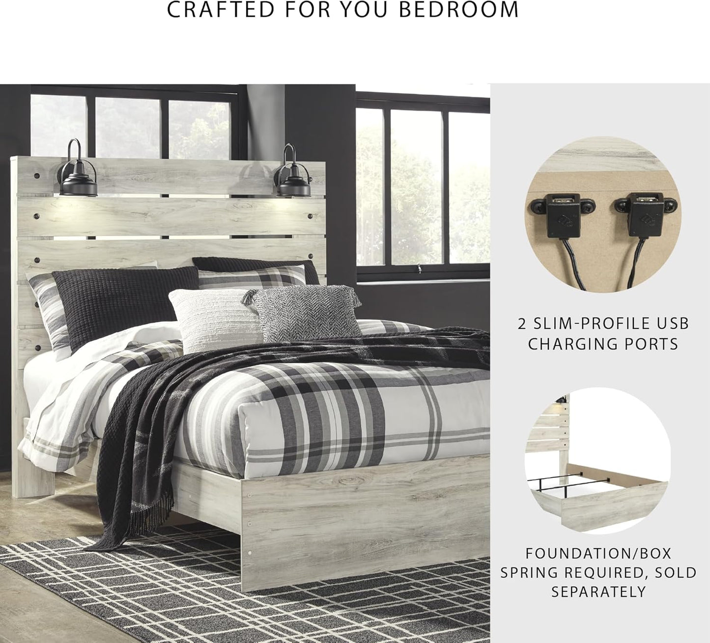 Cambeck Farmhouse Queen Panel Bed with Sconce Lights and USB Ports, Foundation or Box Spring Needed, Whitewash