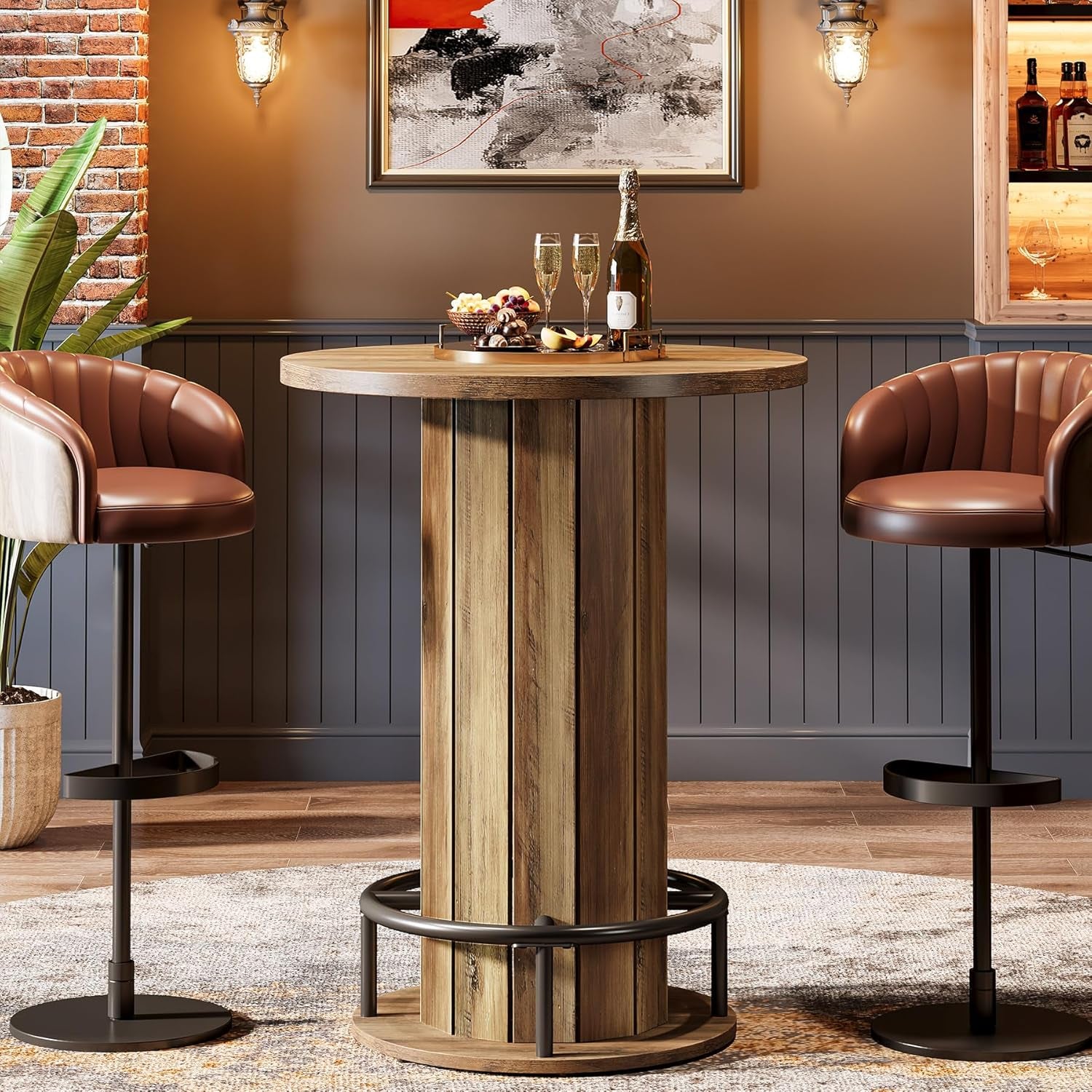 round Bar Table, 39.4" H Wood Bistro Pub Table with Metal Ring Footrest for Dining Coffee Cocktail Living Room, Small Space, Brown(Only Table)