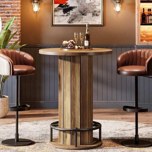 round Bar Table, 39.4" H Wood Bistro Pub Table with Metal Ring Footrest for Dining Coffee Cocktail Living Room, Small Space, Brown(Only Table)