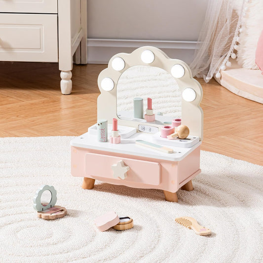 Toddler Vanity Makeup Table Toy with Mirror & Light, Wooden Kids Makeup Vanity Set, Dressing Table with Accessories and Lights, Pretend Makeup Set for Little Girls